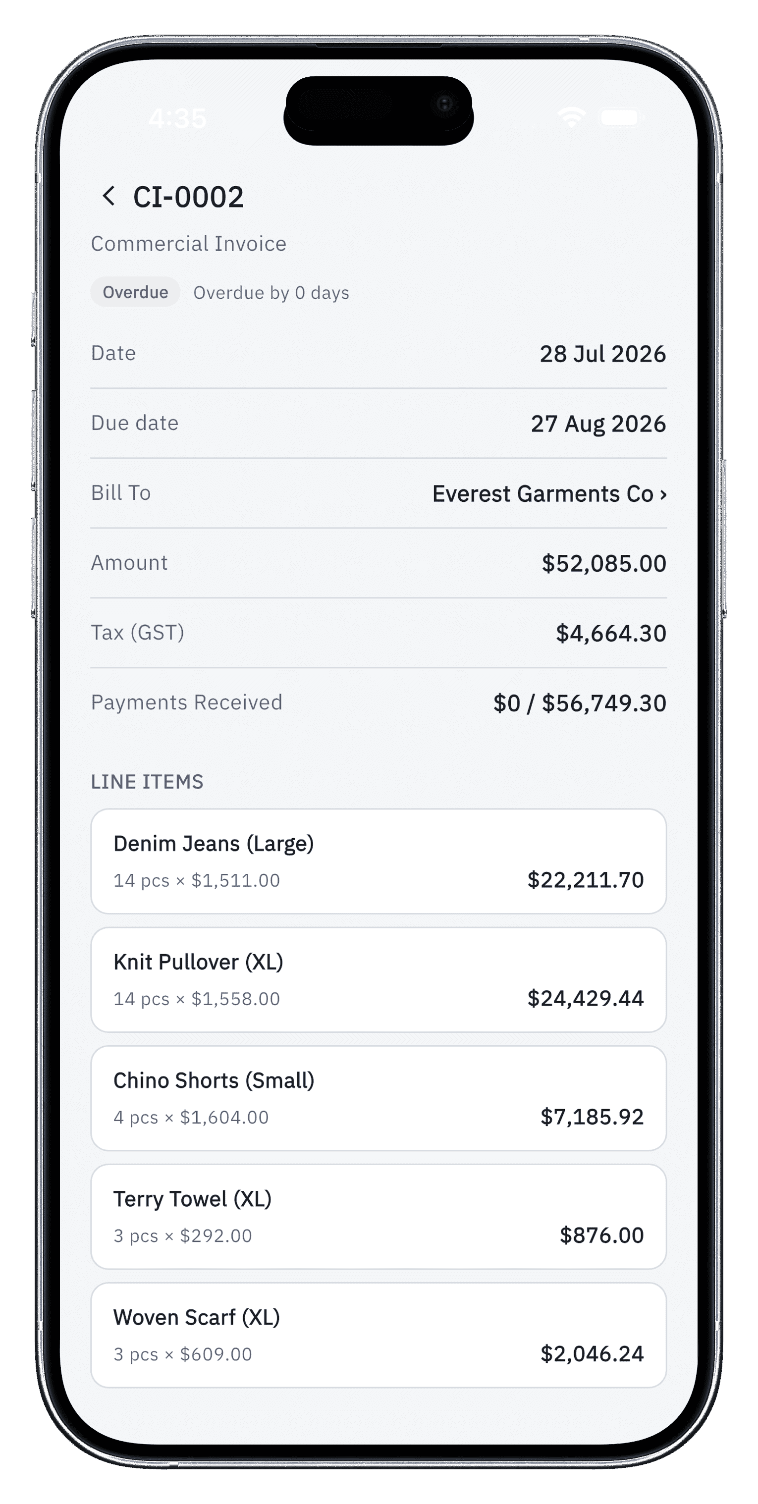 Bilexor mobile commercial invoice detail with line items and totals