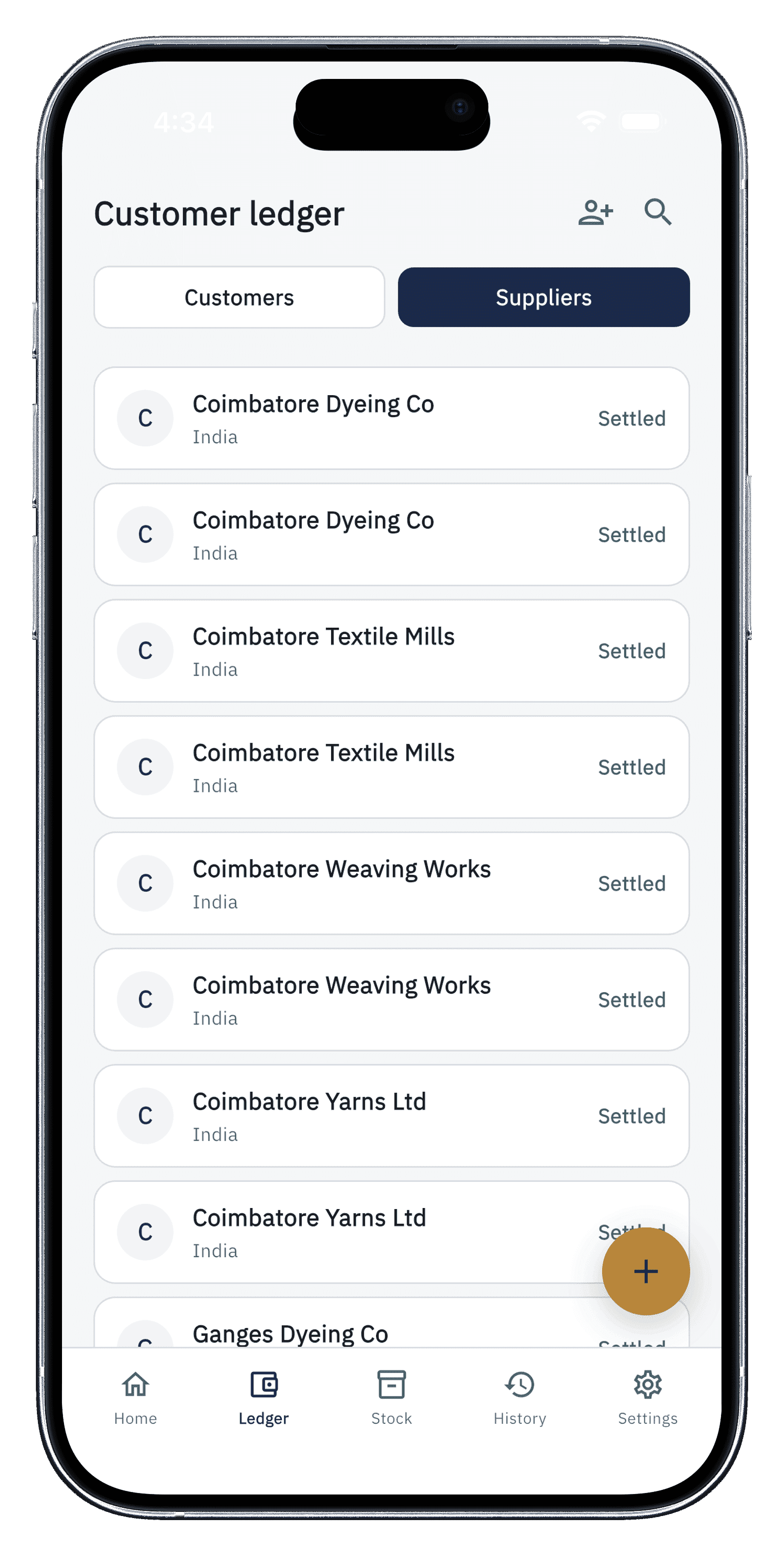 Bilexor mobile customer ledger showing payment history and balance