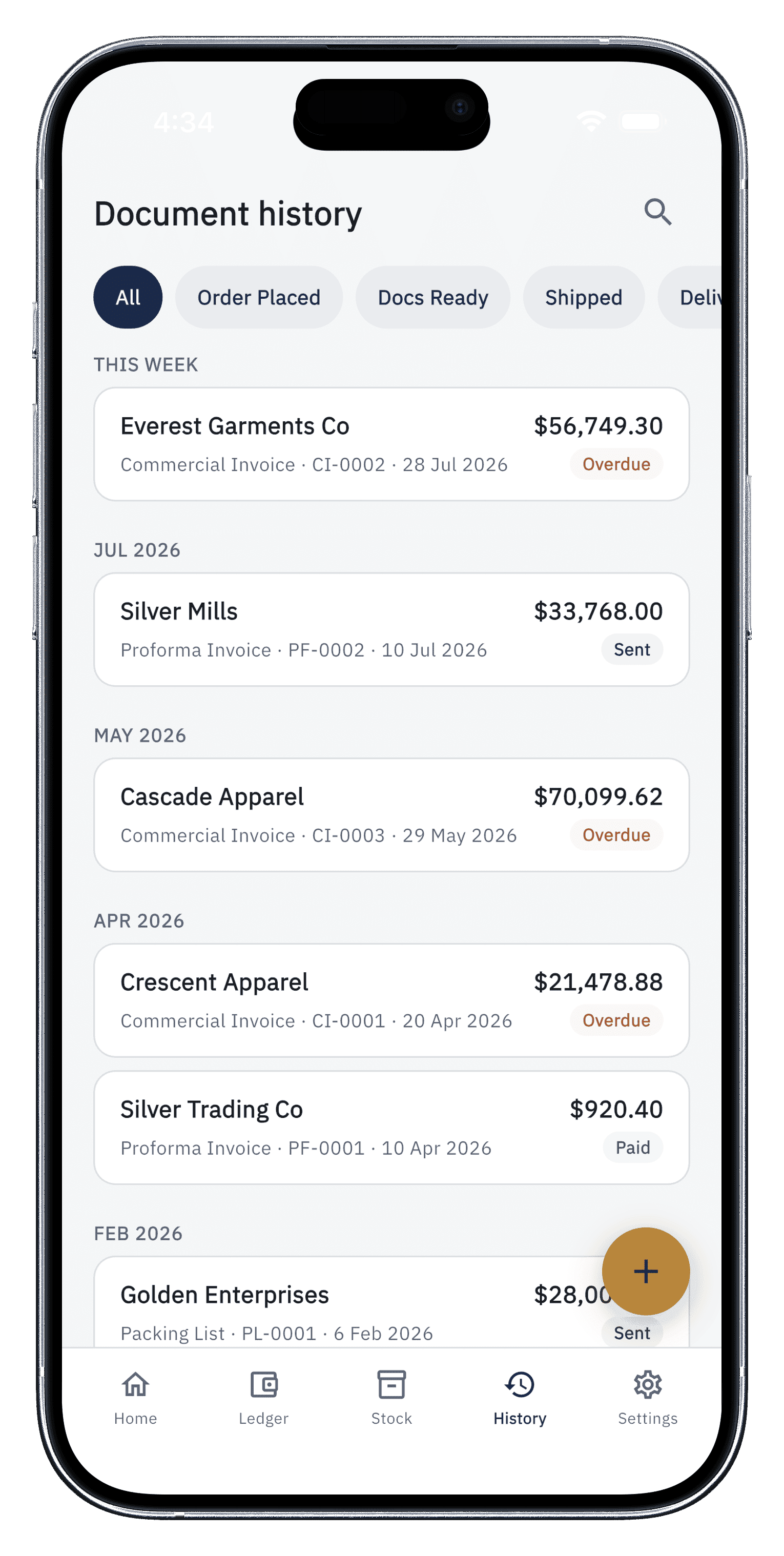 Bilexor mobile documents list of trade documents generated from shipment records