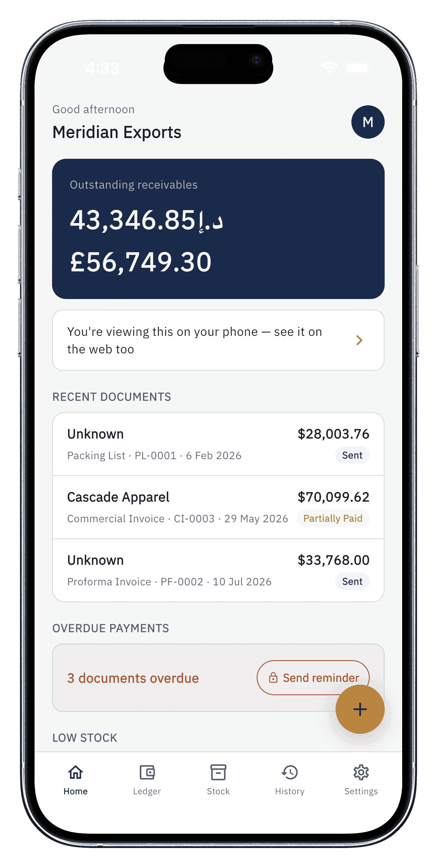 Bilexor mobile home showing outstanding receivables and recent documents