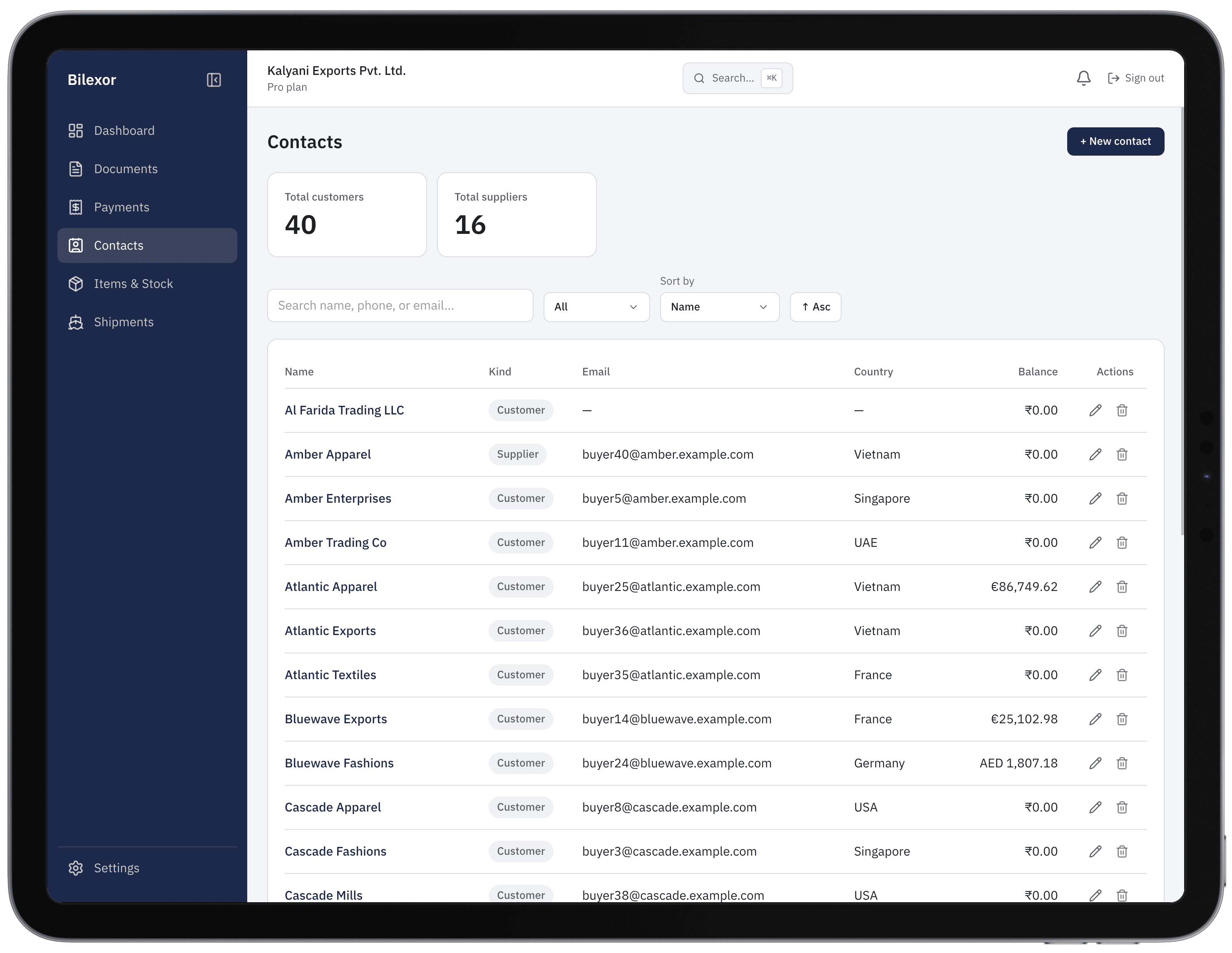 Bilexor Contacts page on iPad listing customers and suppliers with email, country, multi-currency balances, and edit actions