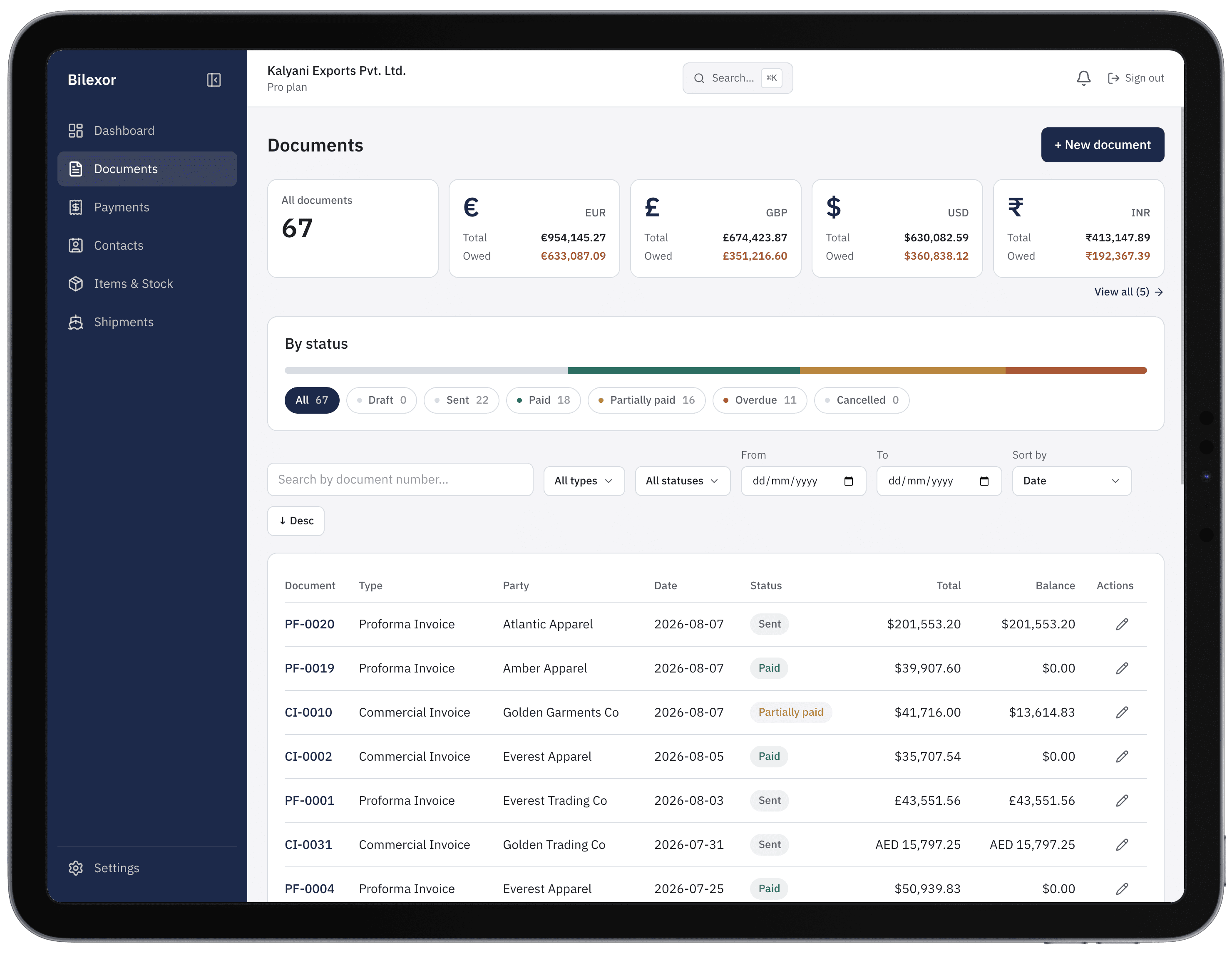 Bilexor Documents page on iPad showing multi-currency totals, a by-status filter bar, and a table of proforma and commercial invoices
