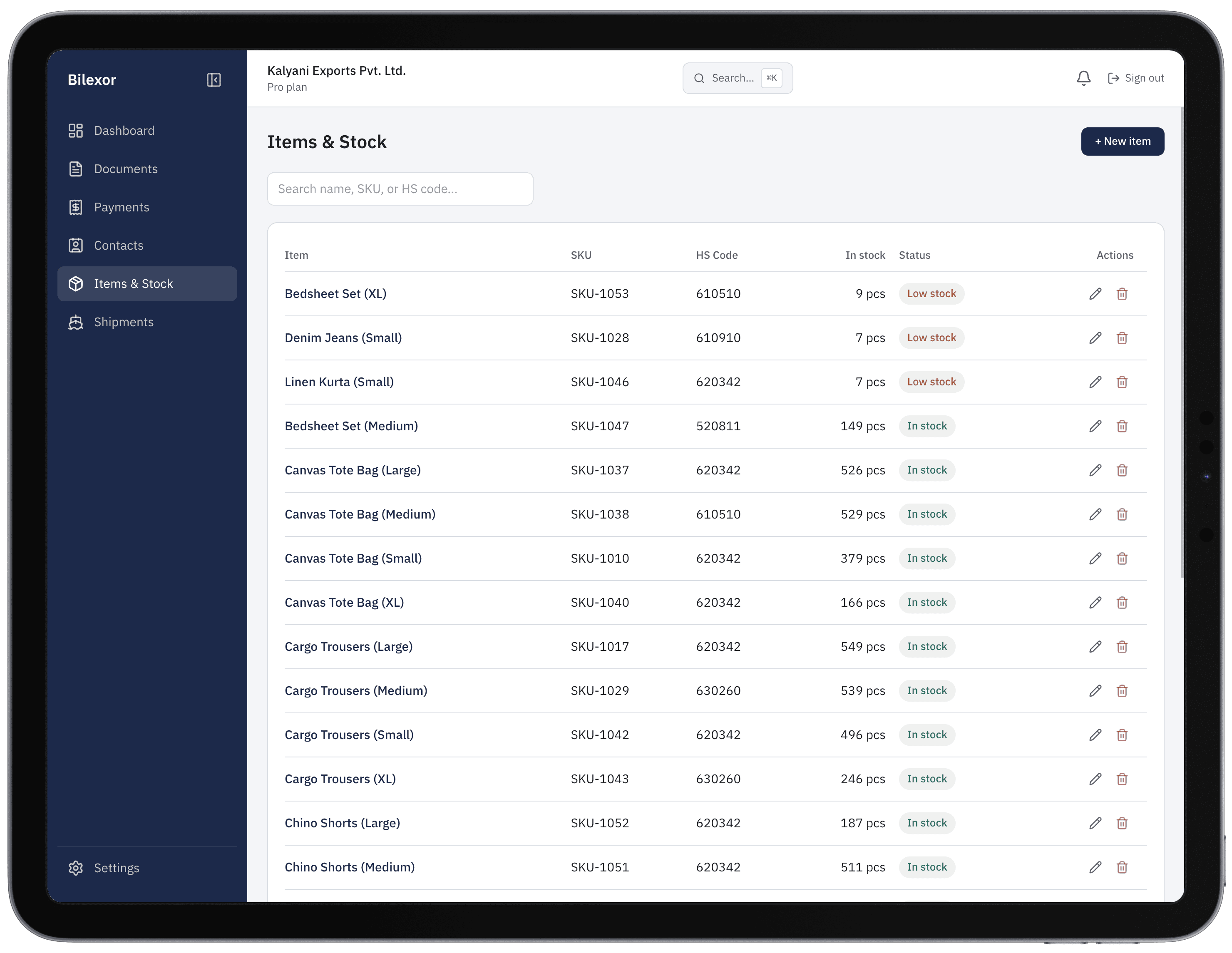 Bilexor Items & Stock page on iPad listing products with SKU, HS code, quantity on hand, and Low stock or In stock status badges