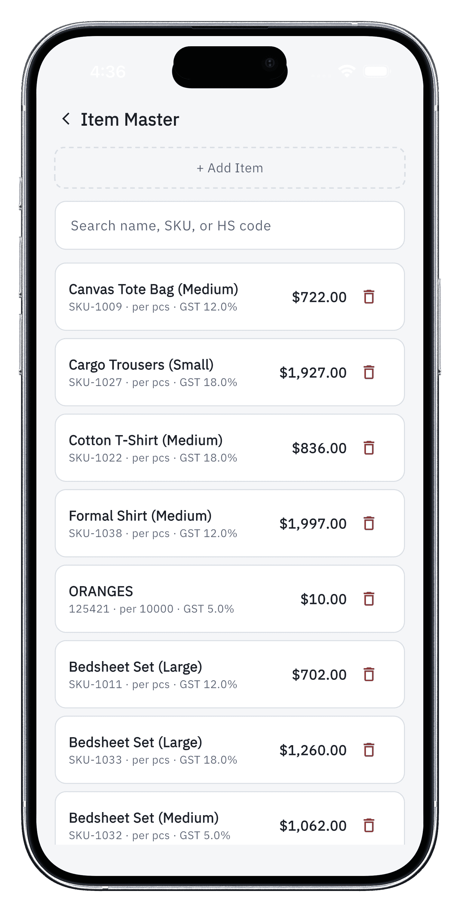Bilexor mobile item master catalog with HS codes