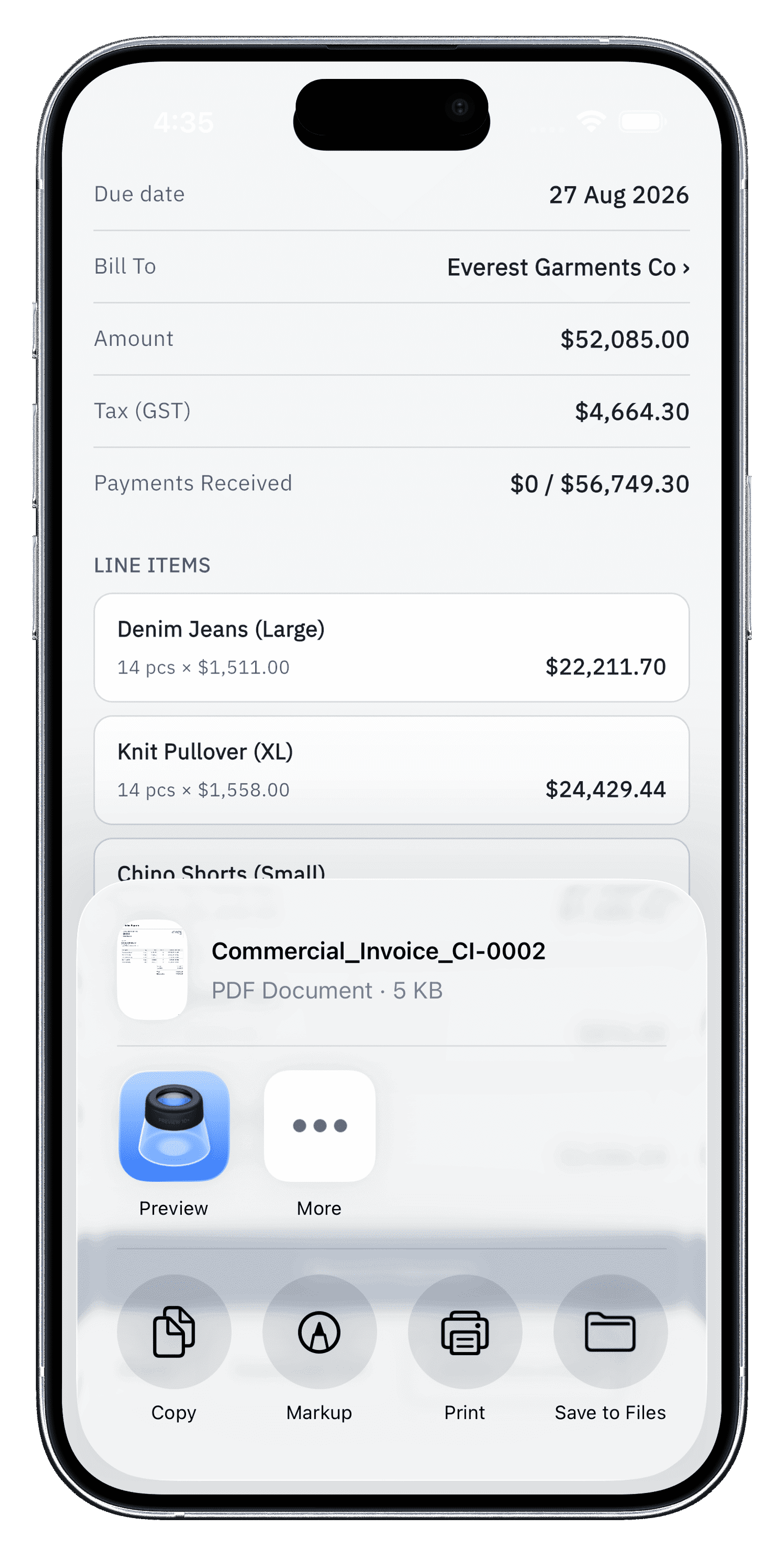 Sharing a commercial invoice as a PDF from Bilexor