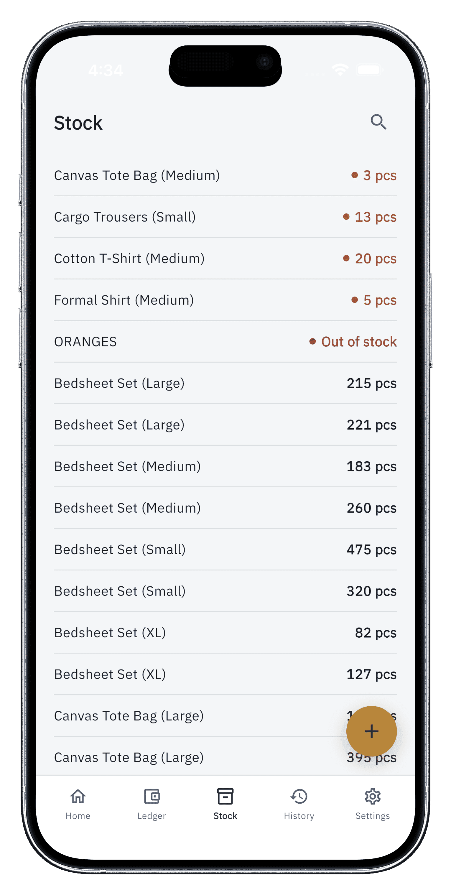 Bilexor mobile stock levels screen